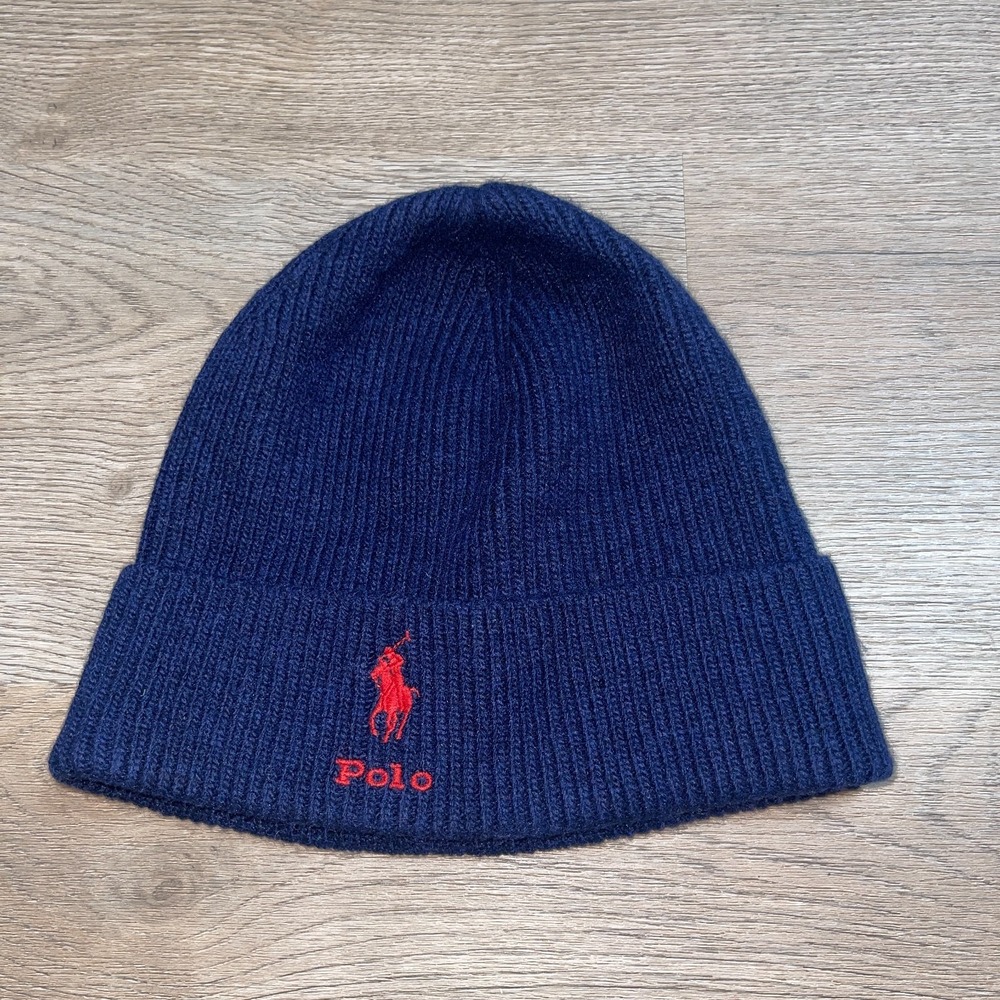 Polo Ralph Lauren Beanie Navy Blue Red Pony Logo Lambswool Blend Knit Hat OSFA